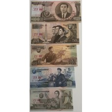 NORTH KOREA 1992 . ONE 1 - ONE HUNDRED 100  WON BANKNOTES. SPECIMEN SET